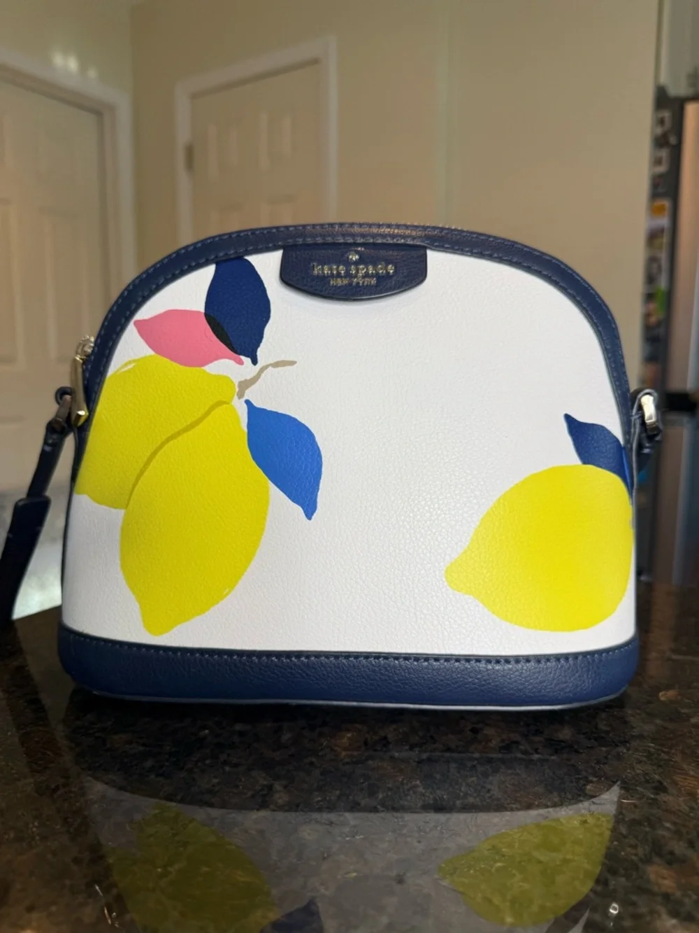 kate spade White Lemon Print Dome Crossbody with Navy Trim